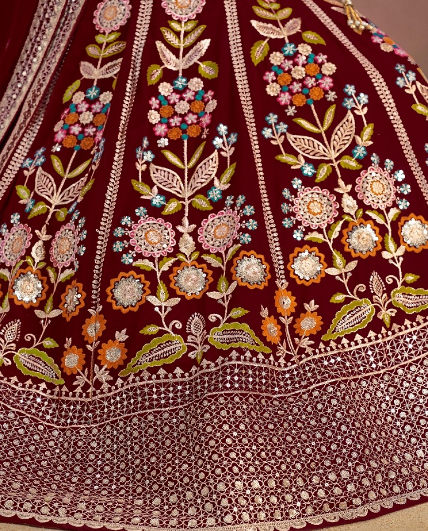 6008-Maroon - Stunning maroon Thread Work Georgette Engagement Wear Lehenga With Blouse